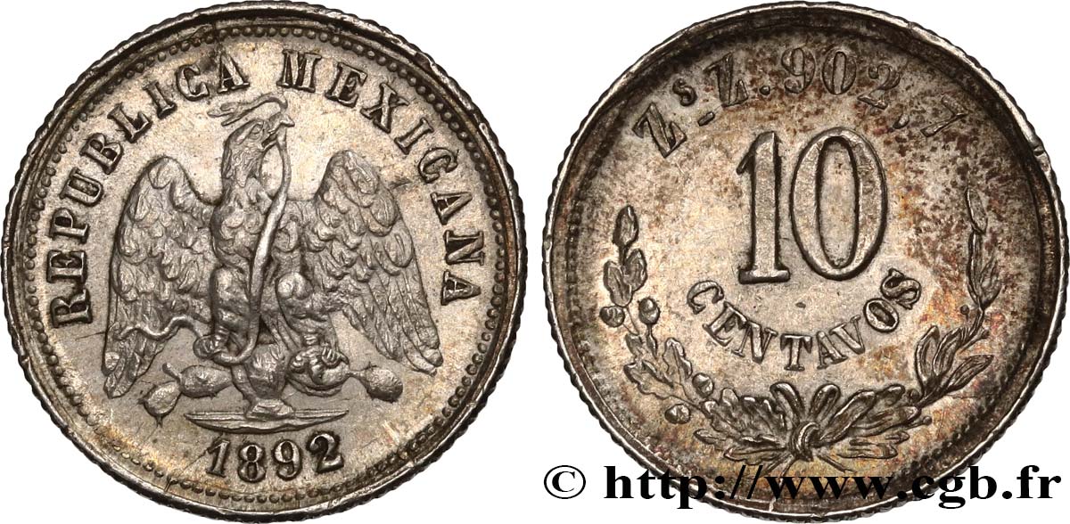 MEXICO 10 Centavos 1892 Zacatecas AU 