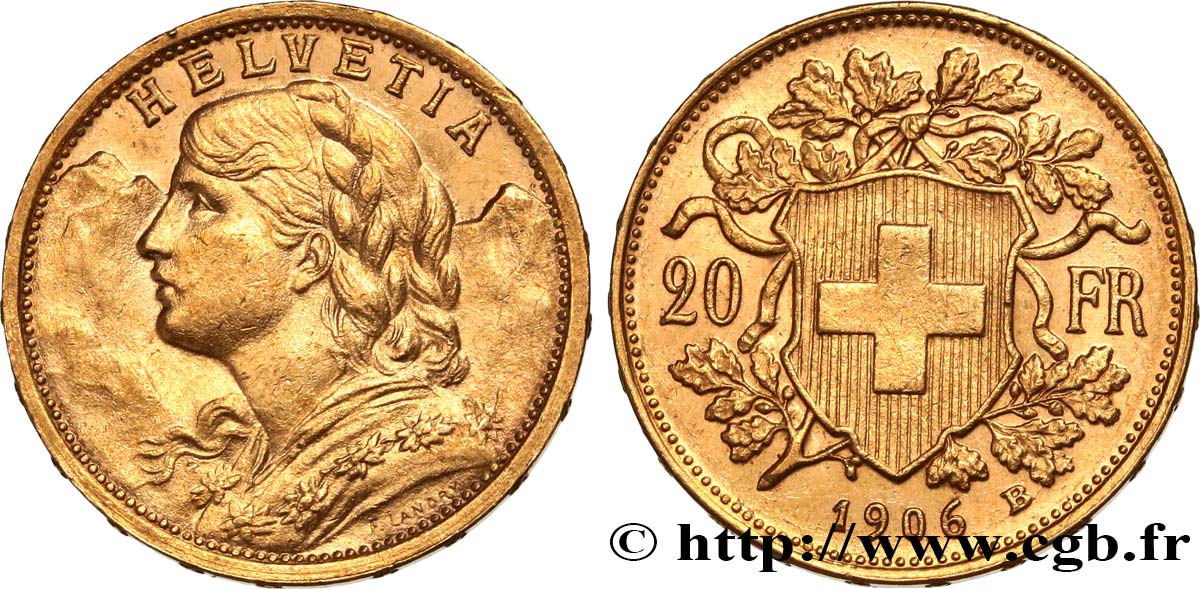 SUISSE 20 Francs  Vreneli  1906 Berne SUP 