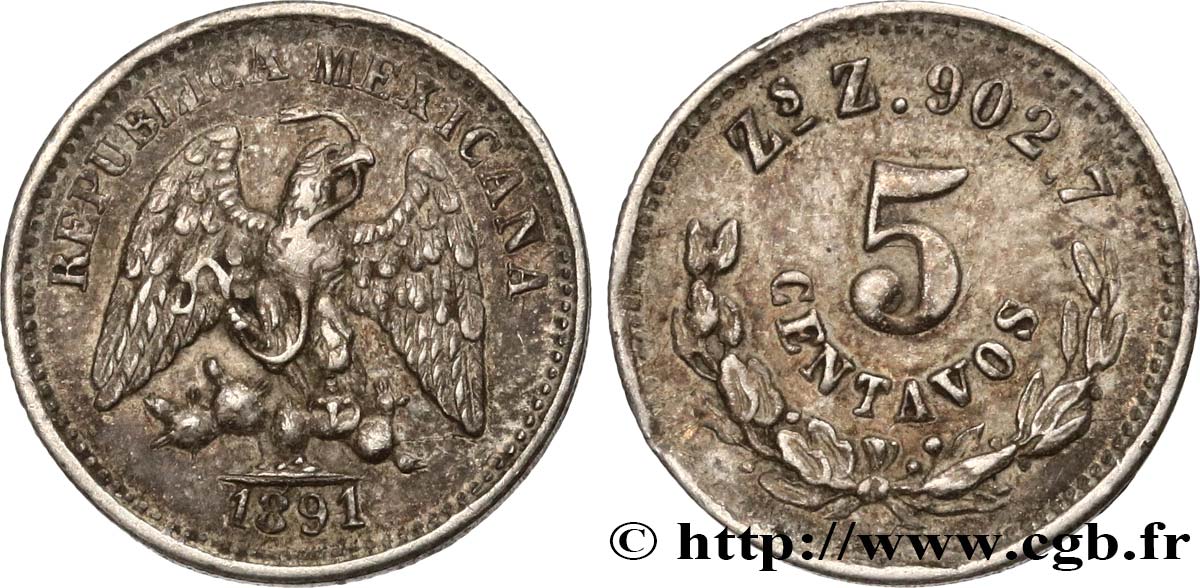 MÉXICO 5 Centavos 1891 Zacatecas MBC 