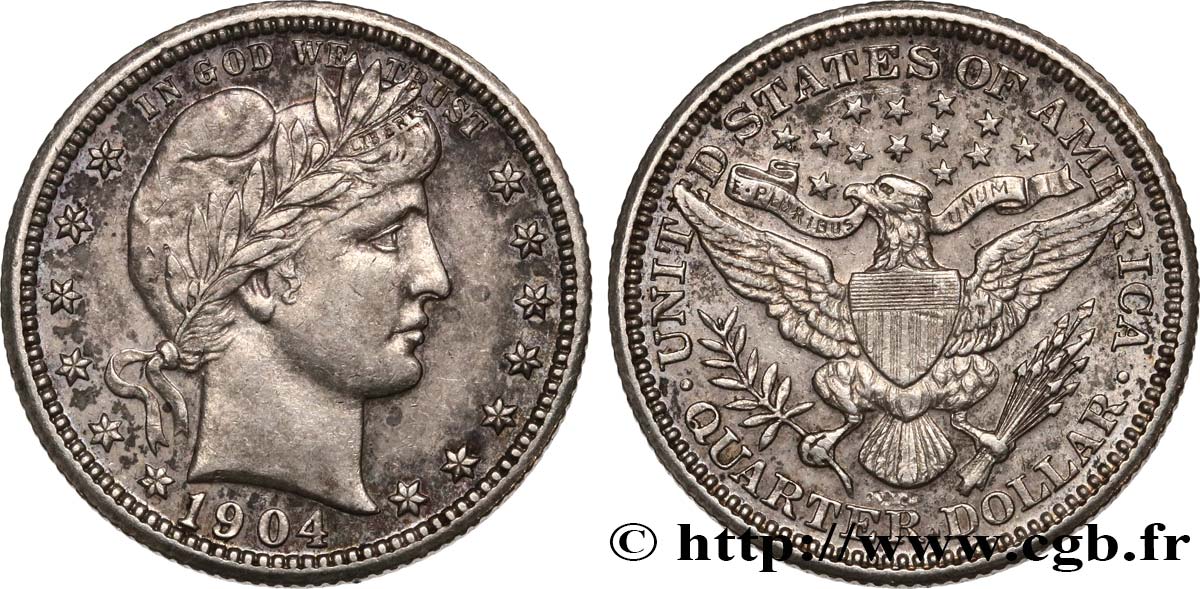 UNITED STATES OF AMERICA 1/4 Dollar Barber 1904 Philadelphie XF 