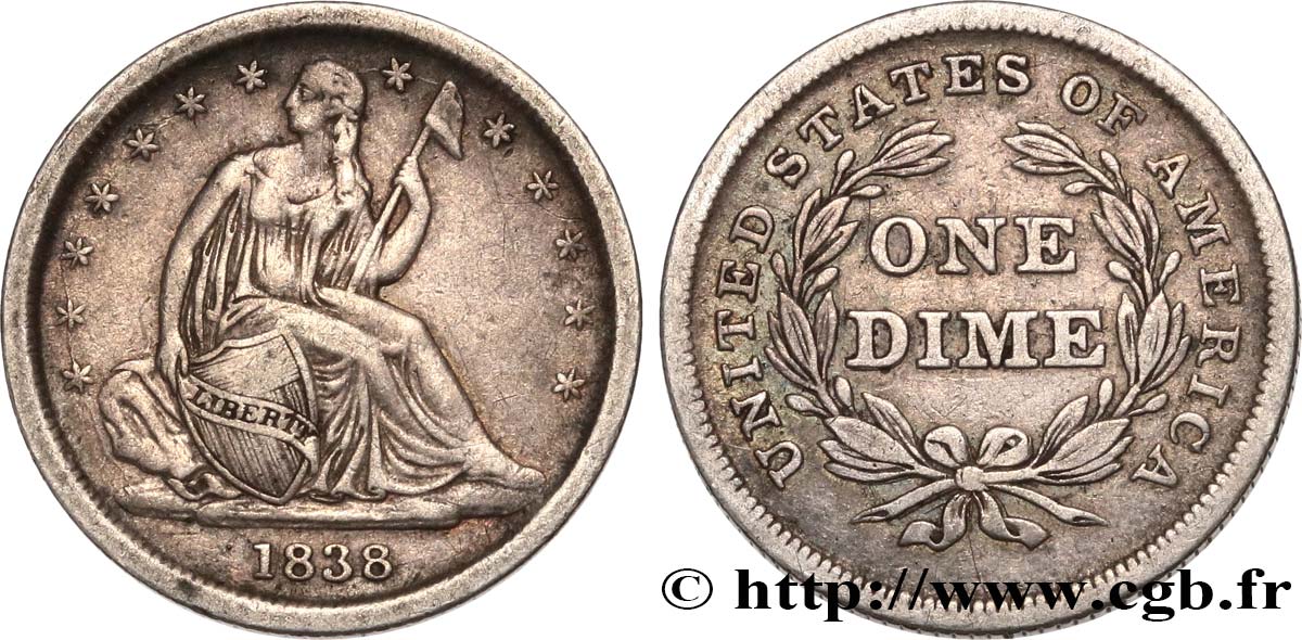 UNITED STATES OF AMERICA 1 Dime (10 Cents) Liberté assise 1838 Philadelphie XF 