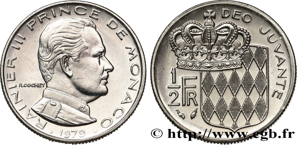 MONACO 1/2 Franc Rainier III / écu couronné 1979 Paris SPL 