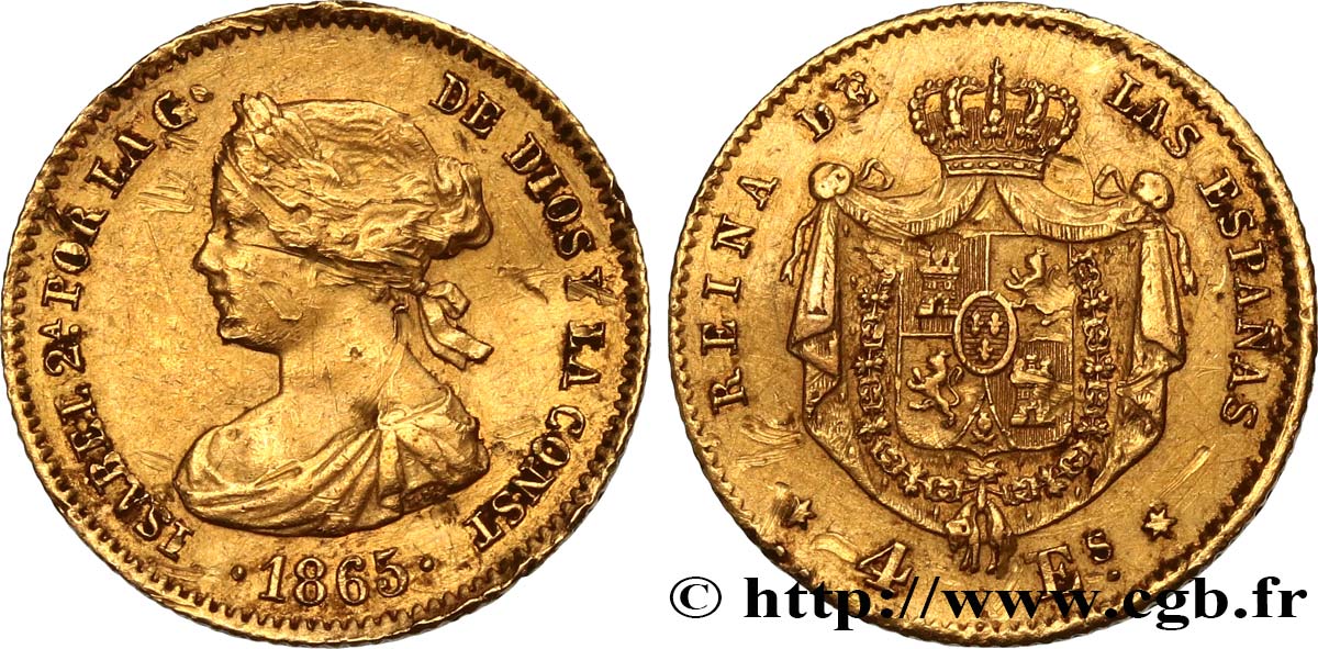 SPAIN 4 Escudos Isabelle II 1865 Madrid XF 