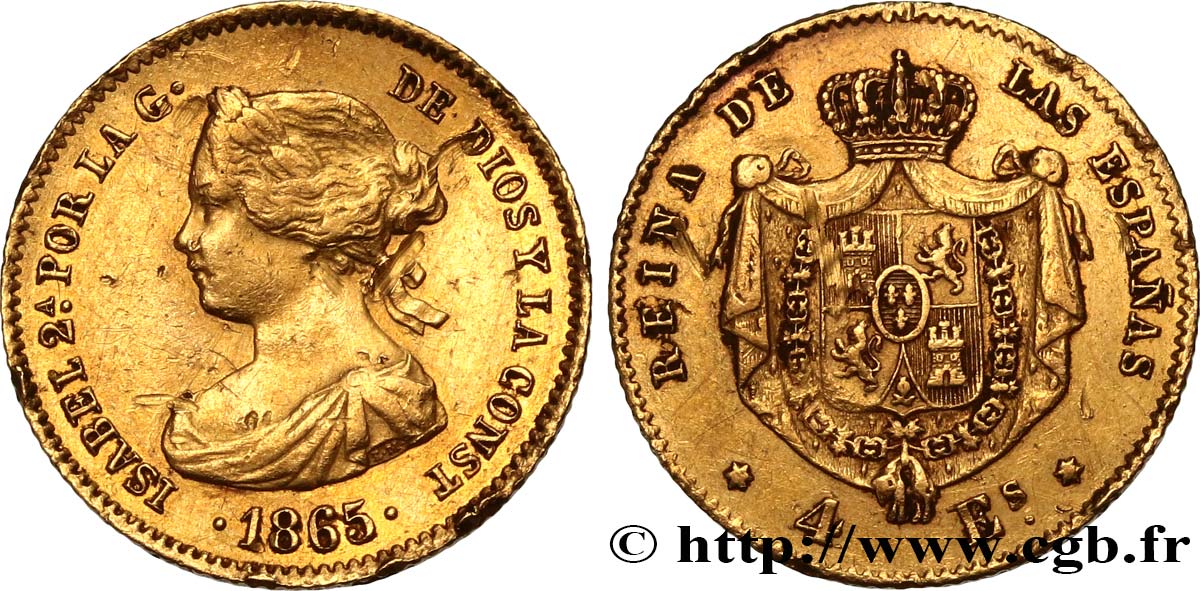 ESPAGNE 4 Escudos Isabelle II 1865 Madrid TTB 
