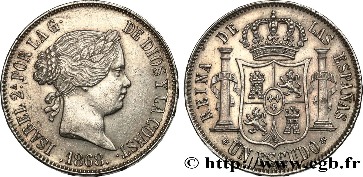 SPAIN 1 Escudo Isabelle II 1868 Madrid AU/AU 