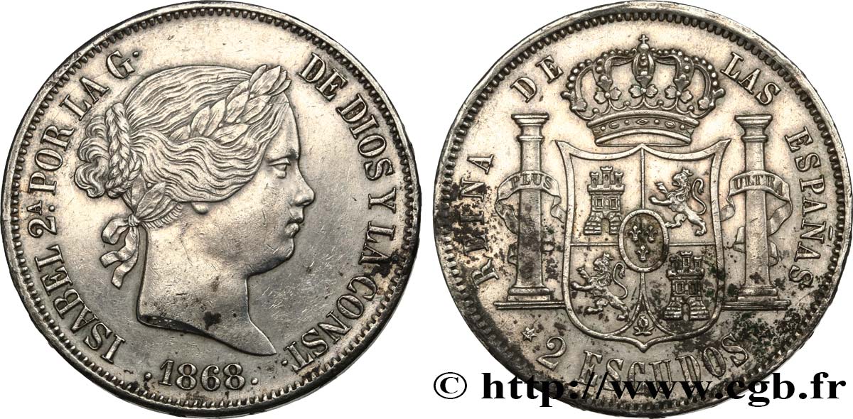 SPAIN 2 Escudos Isabelle II 1868 Madrid AU/AU 