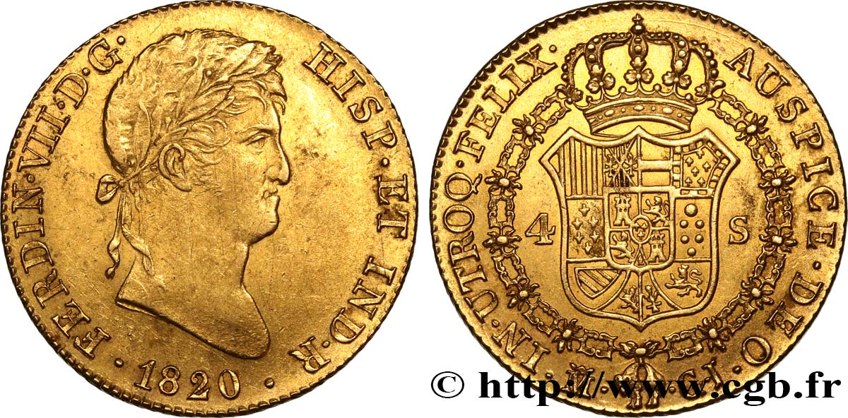 SPAIN - KINGDOM OF SPAIN - FERDINAND VII 4 Escudos 1820 Madrid AU/MS 