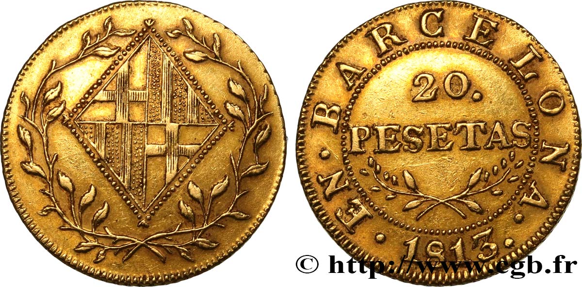 SPAIN - FRENCH OCCUPATION OF BARCELONA 20 Pesetas 1813 Barcelone MBC+ 
