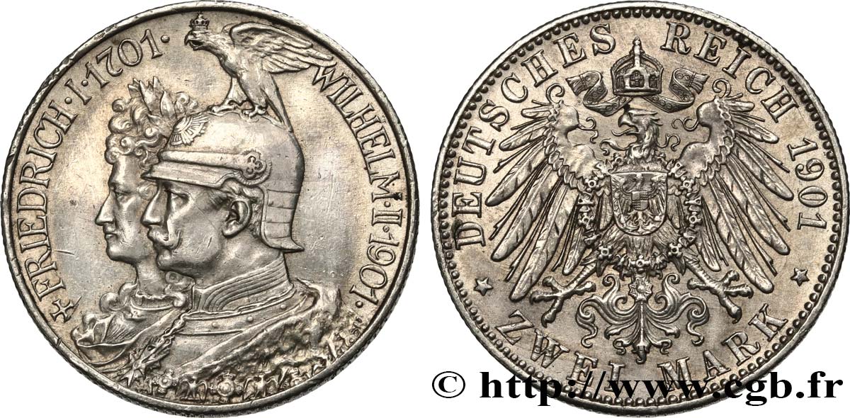 ALLEMAGNE - PRUSSE 2 Mark Guillaume II 200e anniversaire de la Prusse 1901 Berlin TTB+ 