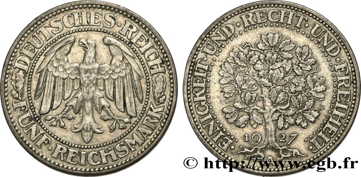 ALLEMAGNE 5 Reichsmark 1927 Berlin TTB+ 