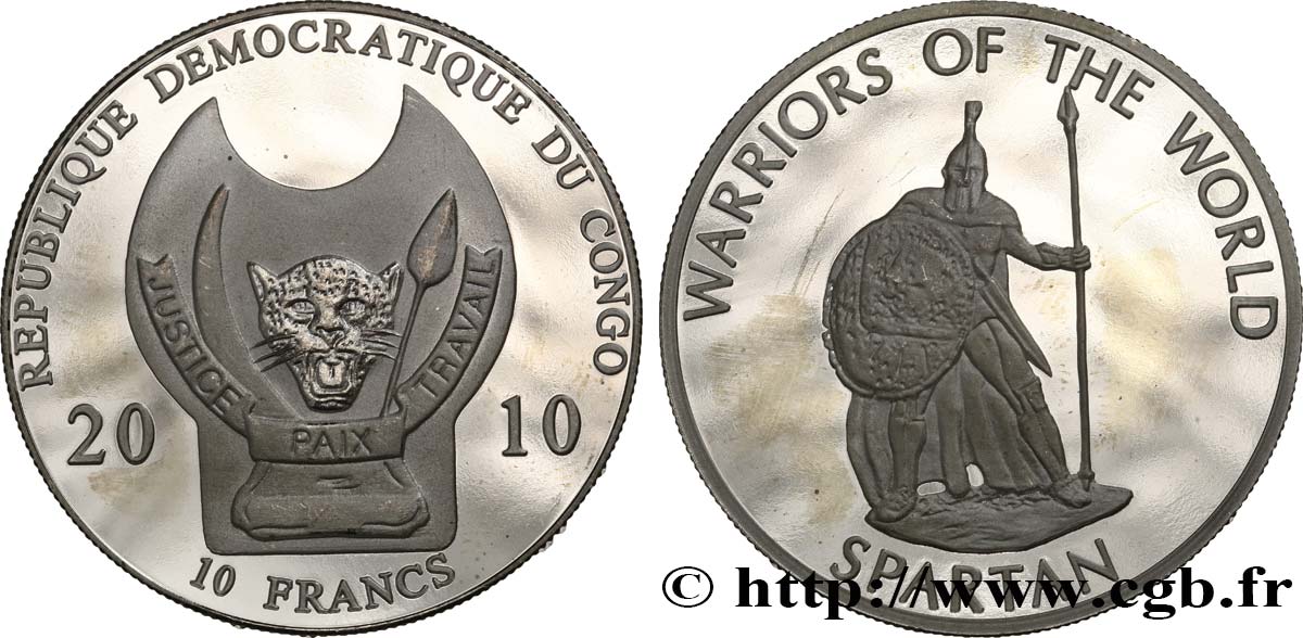 CONGO, DEMOCRATIQUE REPUBLIC 10 Francs Proof Guerriers du Monde : spartiate 2010  MS 