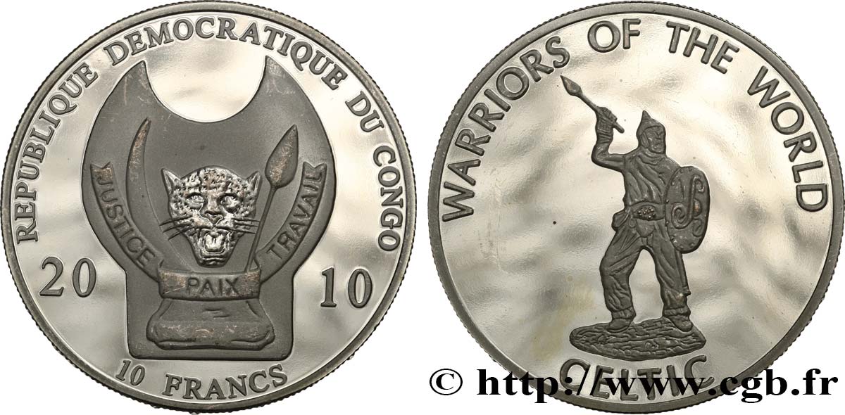 DEMOKRATISCHE REPUBLIK KONGO 10 Francs Proof Guerriers du Monde : guerrier celte 2010  ST 