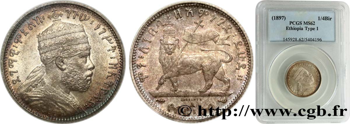 ETHIOPIA 1/4 Birr roi Menelik II EE1889 1897 Paris MS62 PCGS