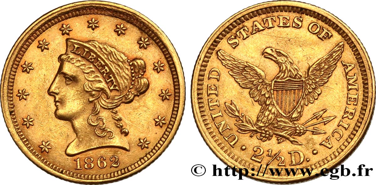 ÉTATS-UNIS D AMÉRIQUE 2 1/2 Dollars type “Liberty Head” 1862 Philadelphie VZ 
