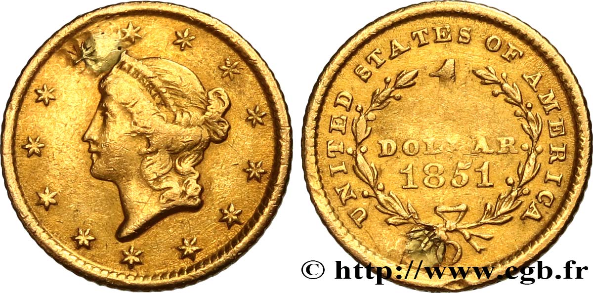 ÉTATS-UNIS D AMÉRIQUE 1 Dollar Or  Liberty head  1er type 1851 La Nouvelle-Orléans TB+ 