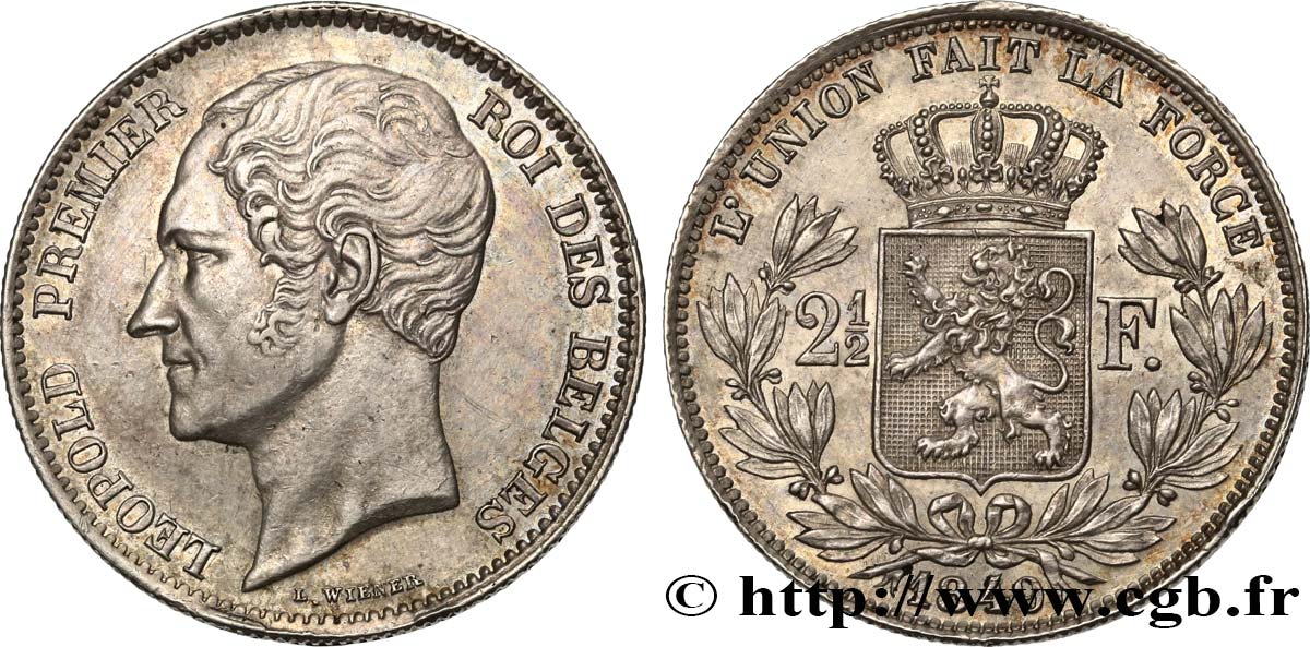 BELGIUM - KINGDOM OF BELGIUM - LEOPOLD I 2 1/2 Francs grosse tête nue 1849 Bruxelles AU/AU 