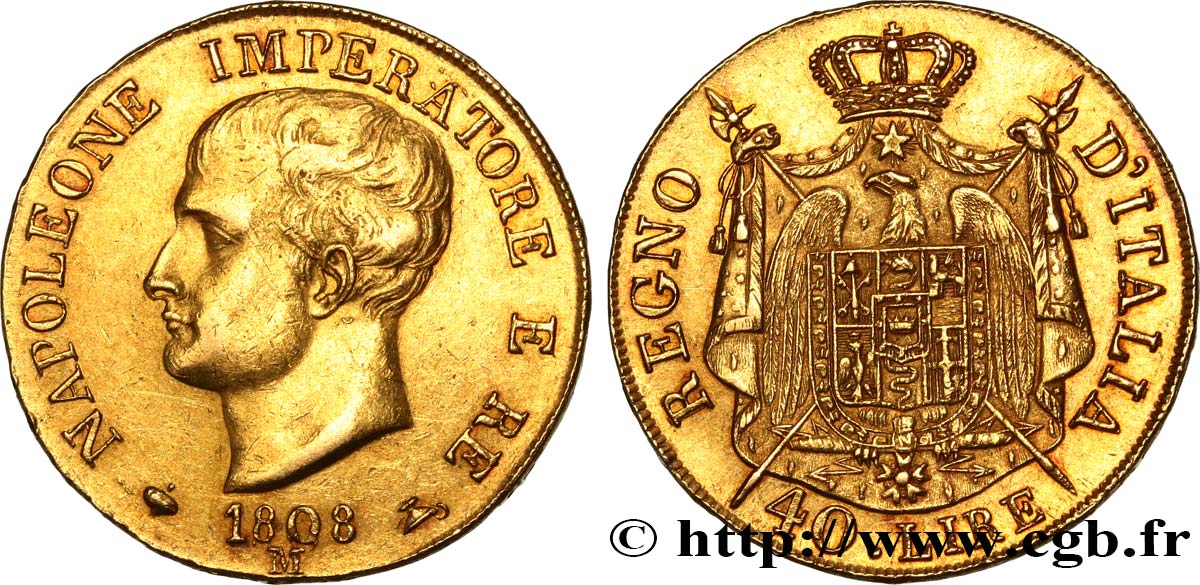 ITALY - KINGDOM OF ITALY - NAPOLEON I 40 Lire 1808 Milan AU/AU 