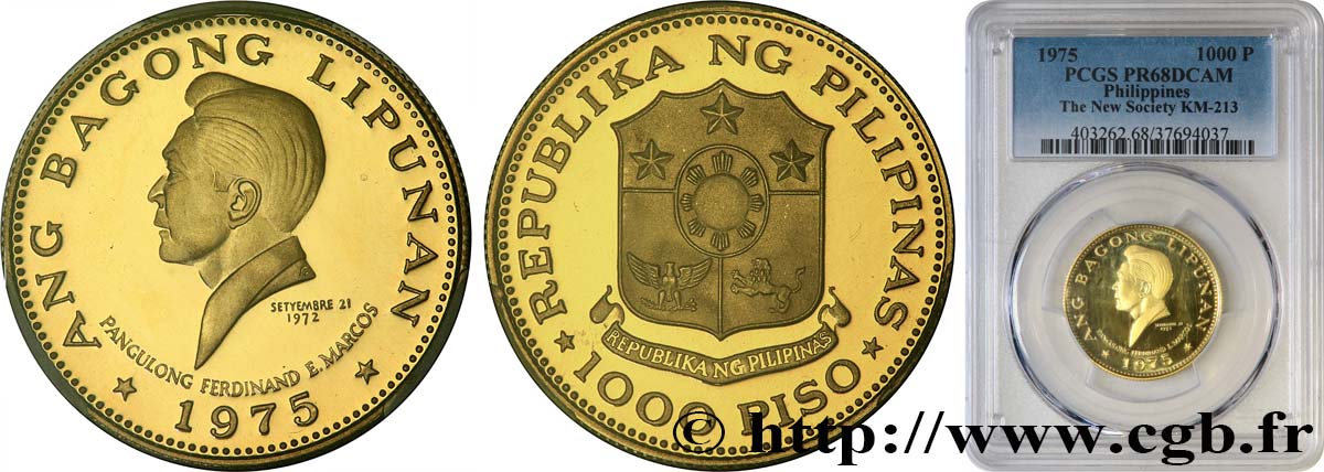 PHILIPPINES 1000 Piso Proof 3e anniversaire de la New Society 1975  MS68 PCGS
