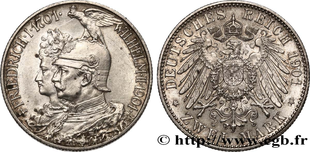 ALLEMAGNE - PRUSSE 2 Mark Guillaume II 200e anniversaire de la Prusse 1901 Berlin SUP 