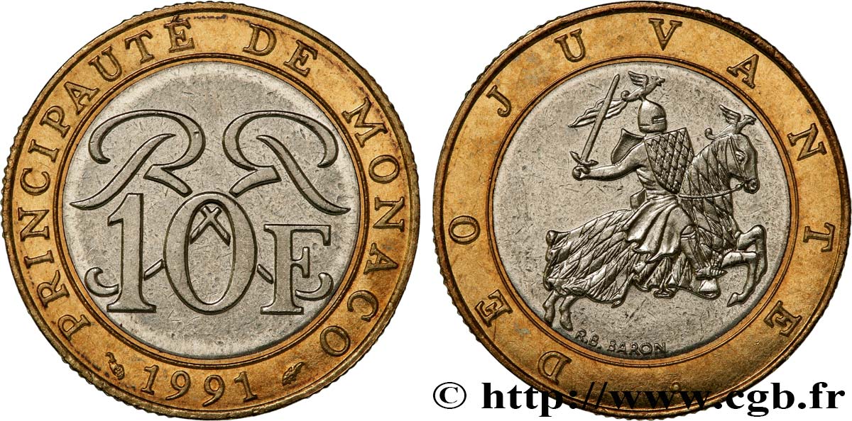 MONACO 10 Francs monogramme de Rainier III / chevalier en armes 1991 Paris SUP 