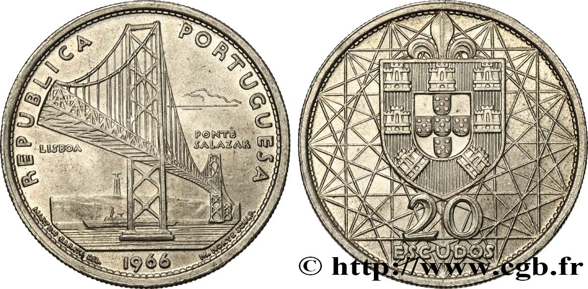 PORTUGAL 20 Escudos Pont Salazar de Lisbonne 1966  SPL 
