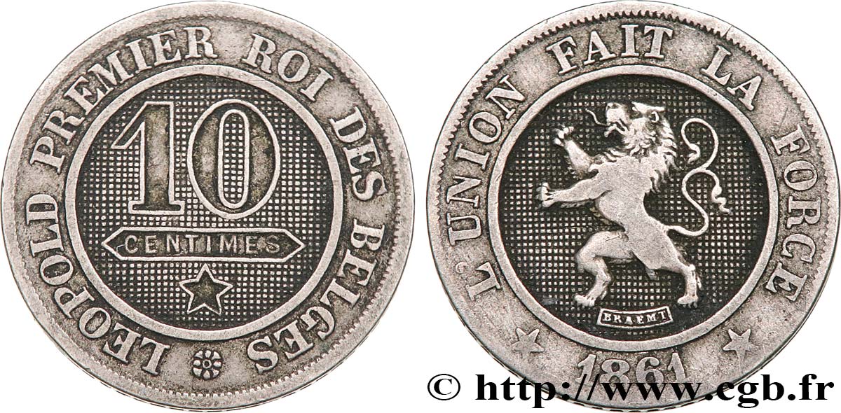 BELGIUM 10 Centimes lion 1861  XF 
