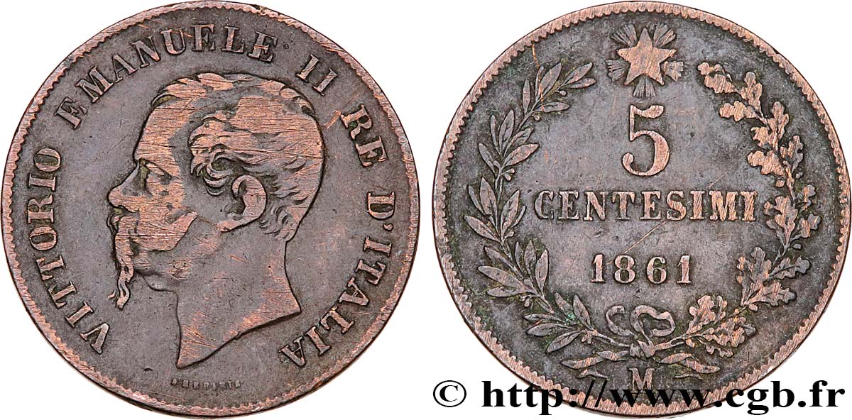 ITALIE 5 Centesimi Victor Emmanuel II 1861 Milan TB+ 