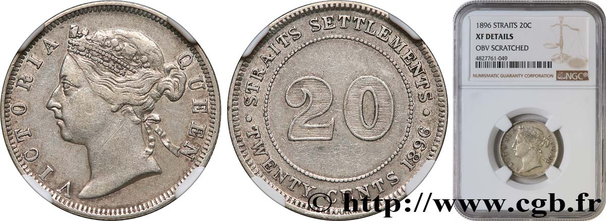 MALAISIE - ÉTABLISSEMENTS DES DÉTROITS 20 Cents Victoria 1896  TTB NGC