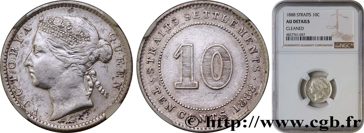 MALAISIE - ÉTABLISSEMENTS DES DÉTROITS 10 Cents Victoria 1888  TTB NGC