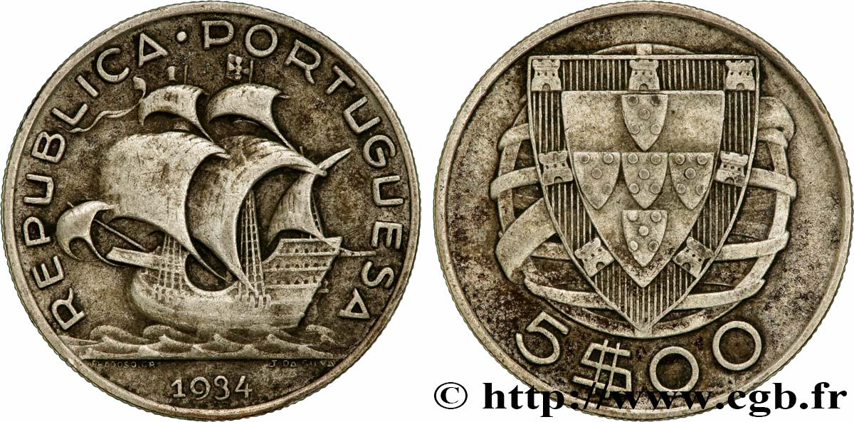 PORTUGAL 5 Escudos emblème 1934  BC+ 