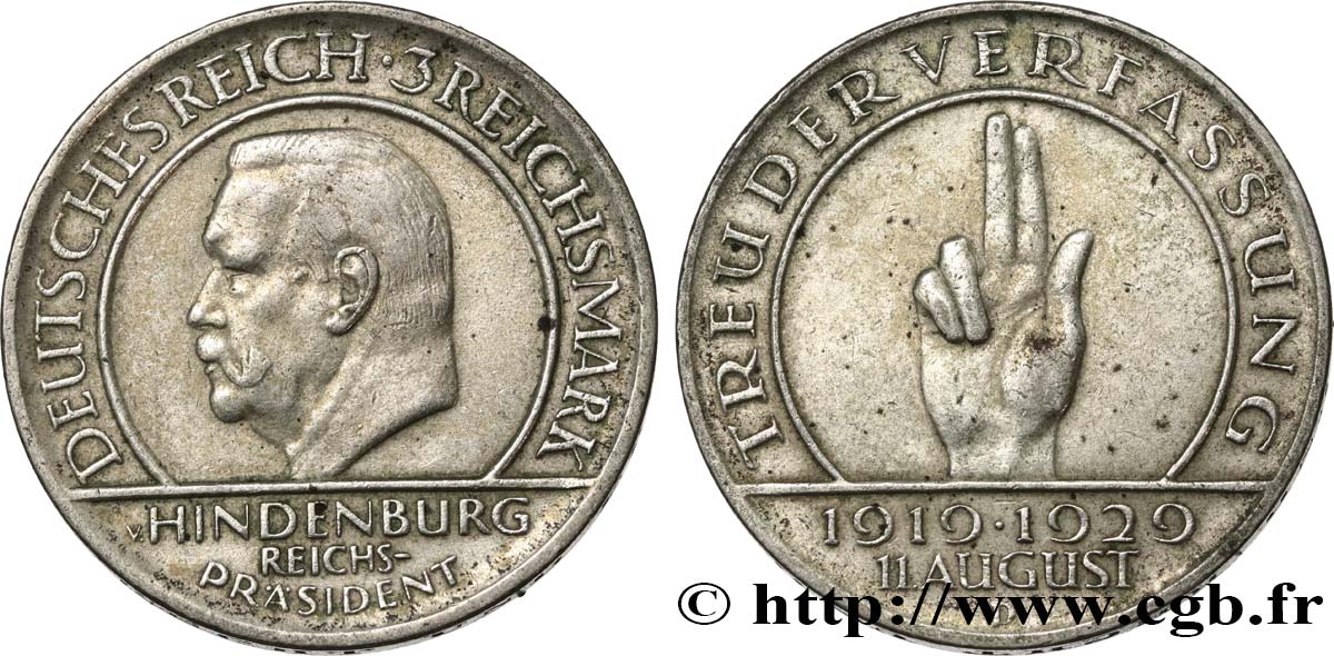 GERMANY 3 Reichsmark 10e anniversaire de la République  1929 Hambourg AU 