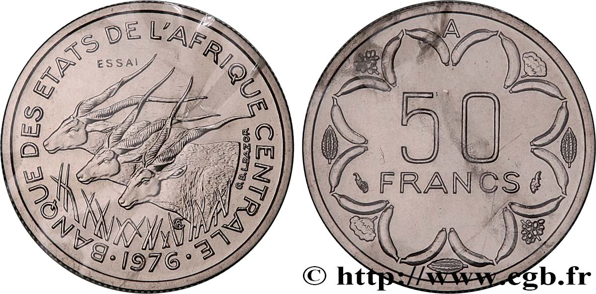 ZENTRALAFRIKANISCHE LÄNDER Essai de 50 Francs antilopes lettre ‘A’ Tchad 1976 Paris ST 