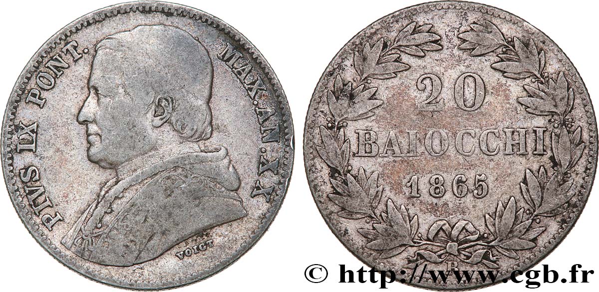VATICAN ET ÉTATS PONTIFICAUX 20 Baiocchi Pie IX an XX 1865 Rome TB 