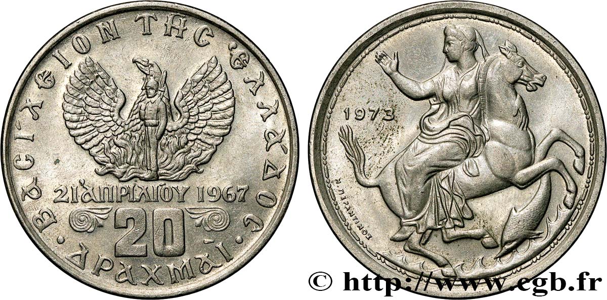 GRECIA 20 Drachmes Phénix et soldat / Séléné 1973  SPL 