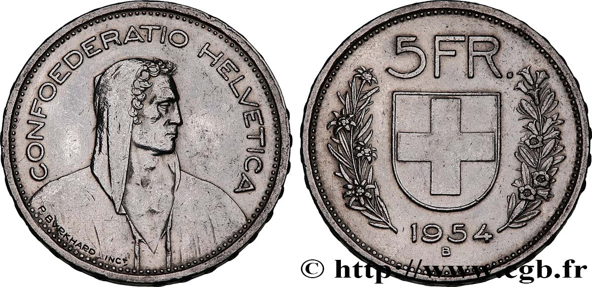 SUISSE 5 Francs Berger des alpes 1954 Berne TTB+ 