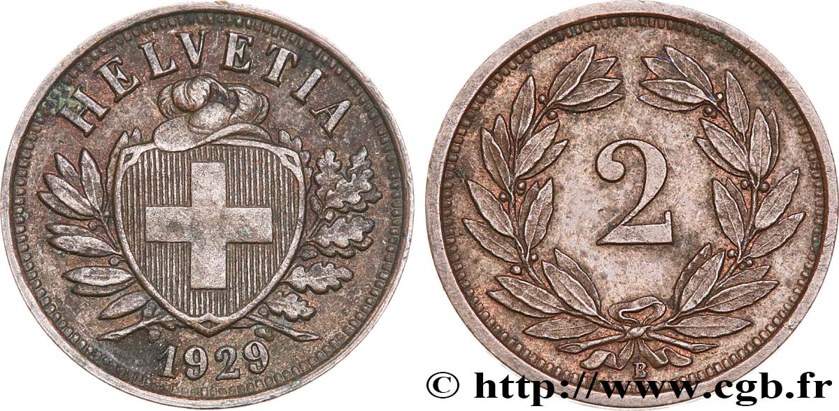 SUISSE 2 Centimes (Rappen) croix suisse 1929 Berne - B TTB+ 