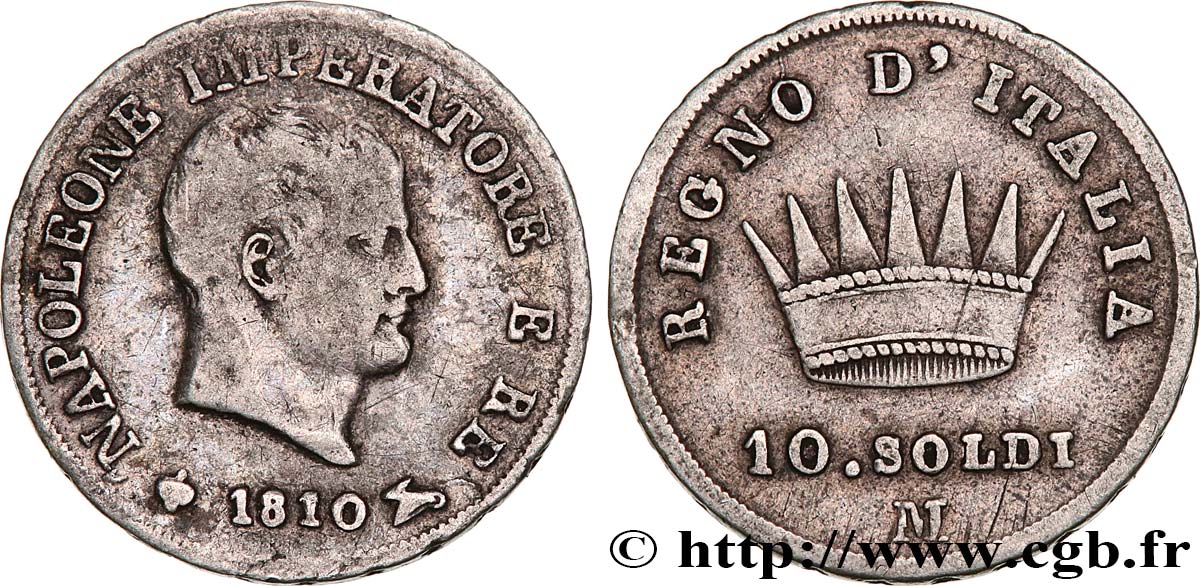 ITALY - KINGDOM OF ITALY - NAPOLEON I 10 soldi 1810 Milan VF 