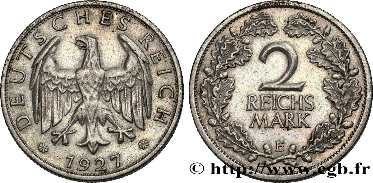 ALLEMAGNE - RÉPUBLIQUE DE WEIMAR 2 Reichsmark 1927 Muldenhütten MBC+ 