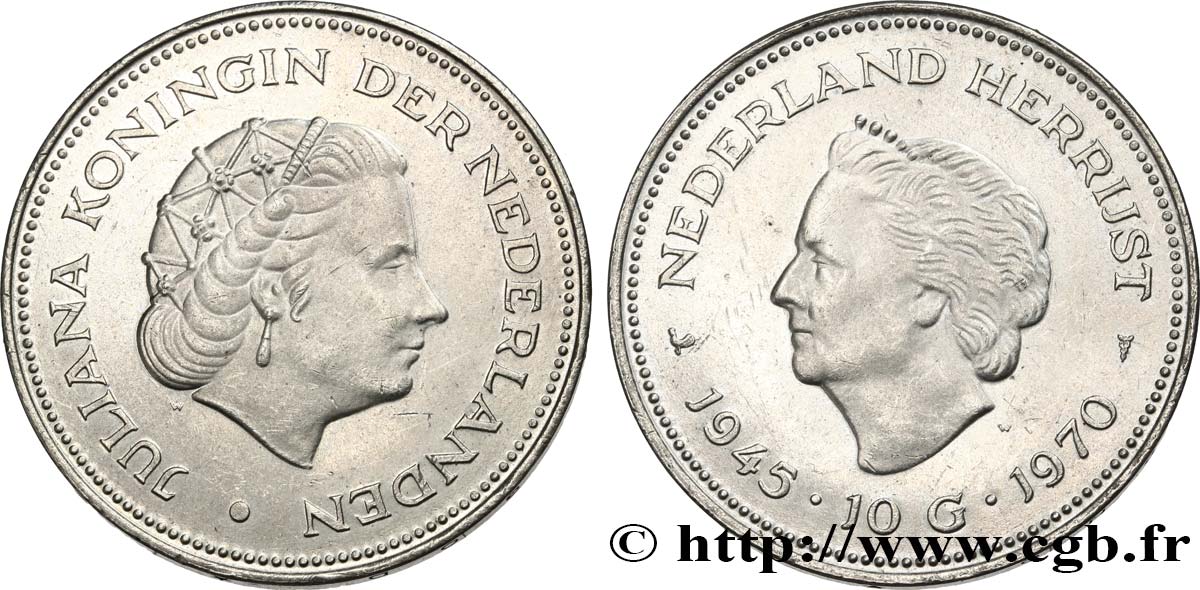 NETHERLANDS 10 Gulden 25e anniversaire de la libération 1970 Utrecht MS 