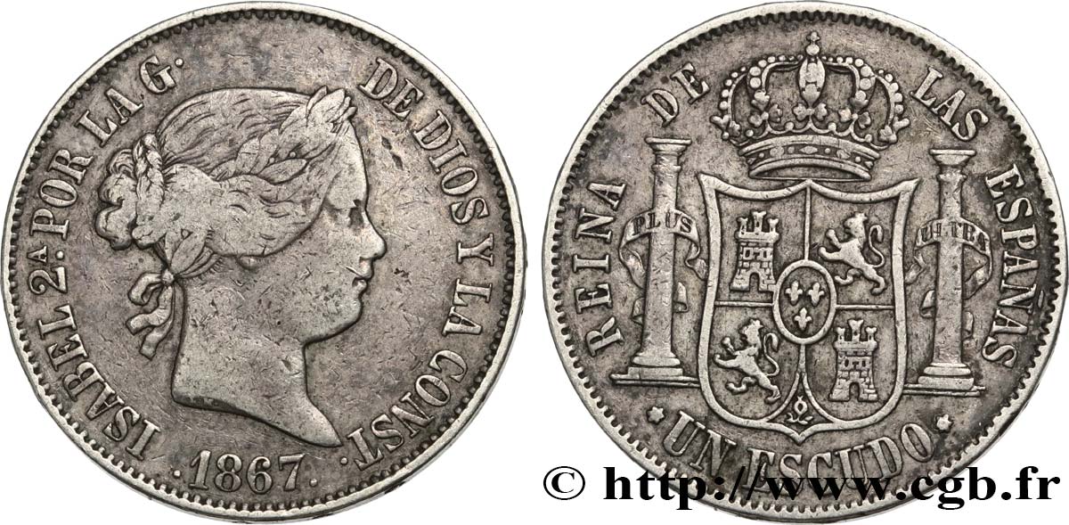 ESPAGNE Escudo Isabelle II  1867 Madrid TB+/TTB 