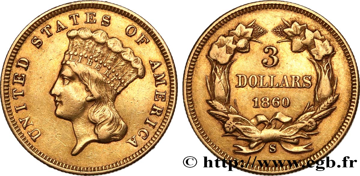 ÉTATS-UNIS D AMÉRIQUE 3 Dollars”Indian Princess” 1860 San Francisco AU/XF 