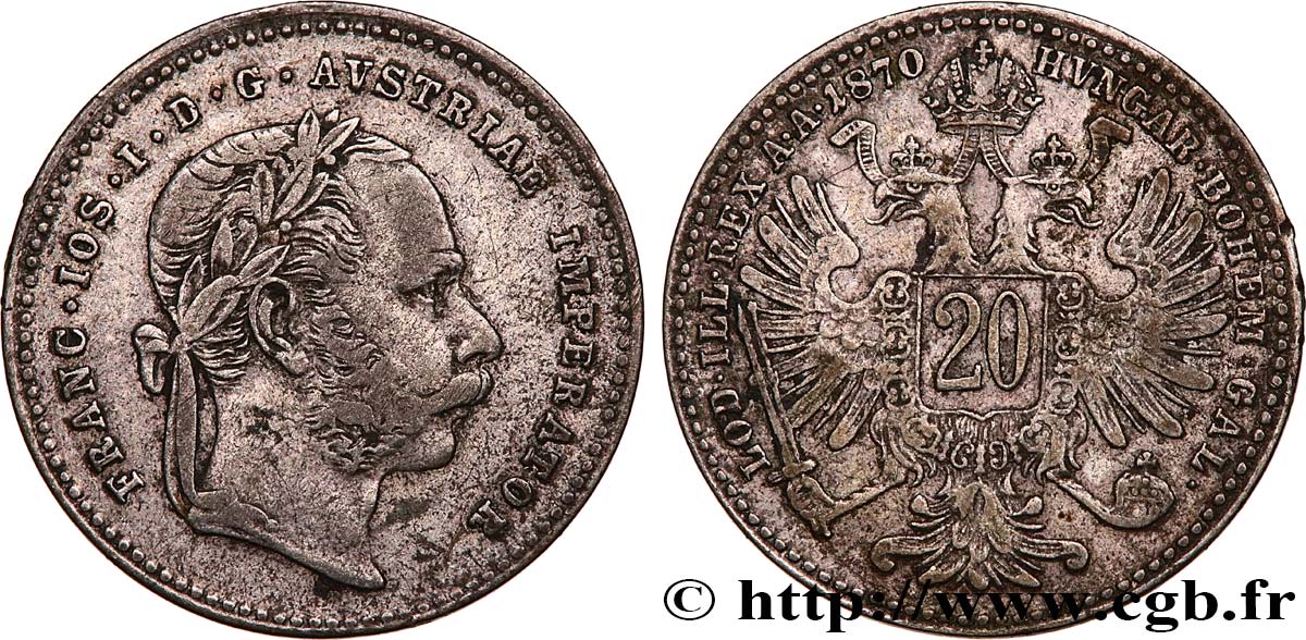AUSTRIA 20 Kreuzer Empereur François-Joseph Ier tête laurée / aigle bicéphale 1870 Vienne BB 