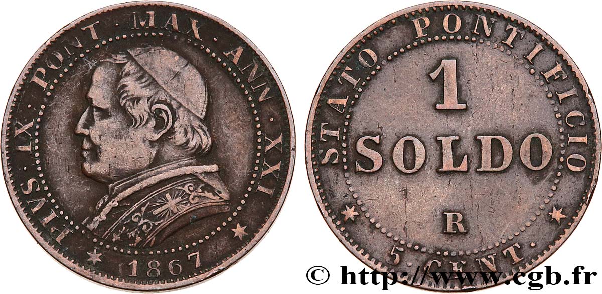 ITALY - PAPAL STATES - PIUS IX (Giovanni Maria Mastai Ferretti) 1 Soldo an XXI buste large 1867 Rome VF 