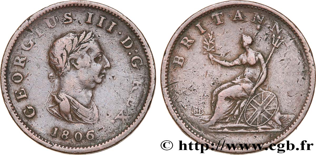 UNITED KINGDOM 1/2 Penny Georges III tête laurée 1806 Soho VF 