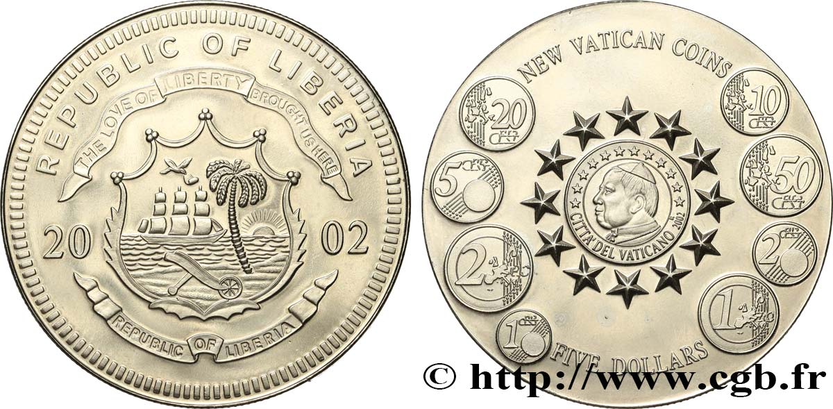 LIBERIA 5 Dollars Nouvelles monnaies en Euro du Vatican 2002  MS 