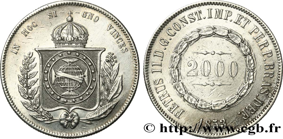 BRAZIL 2000 Reis Pierre II 1853  XF 