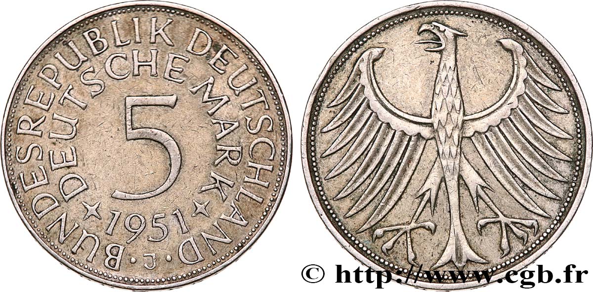 GERMANY 5 Mark aigle 1951 Hambourg - J AU 