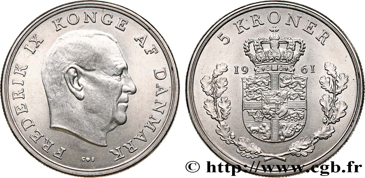 DANEMARK 5 Kroner Frédéric IX 1961 Copenhague SUP 