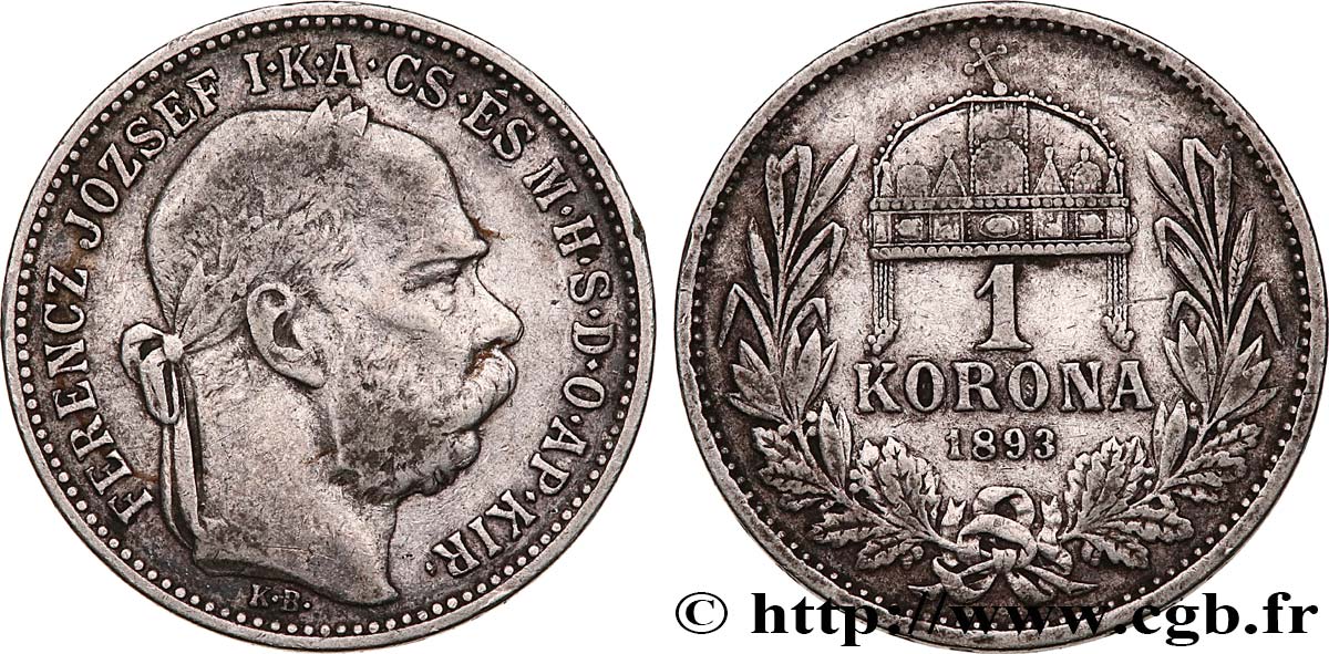 HUNGARY 1 Korona François-Joseph 1893 Kremnitz VF 