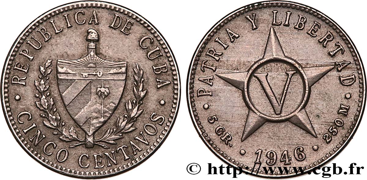 CUBA 5 Centavos emblème 1946  TTB+ 
